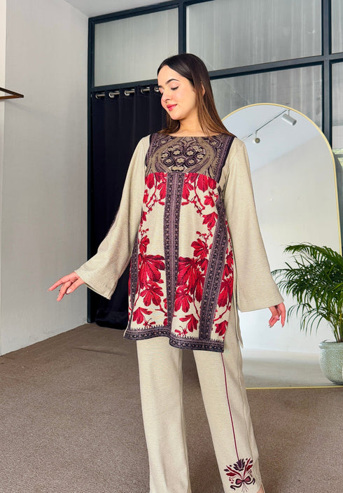 Noor Red Beige Winter Floral Kurta Set